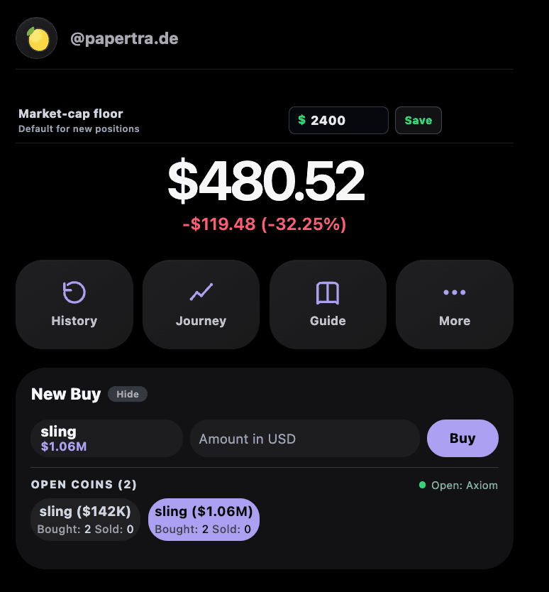 papertra.de Phantom mode showing a wallet-inspired dark interface with a lemon avatar, balance, market-cap floor, navigation, and a paper-buy form