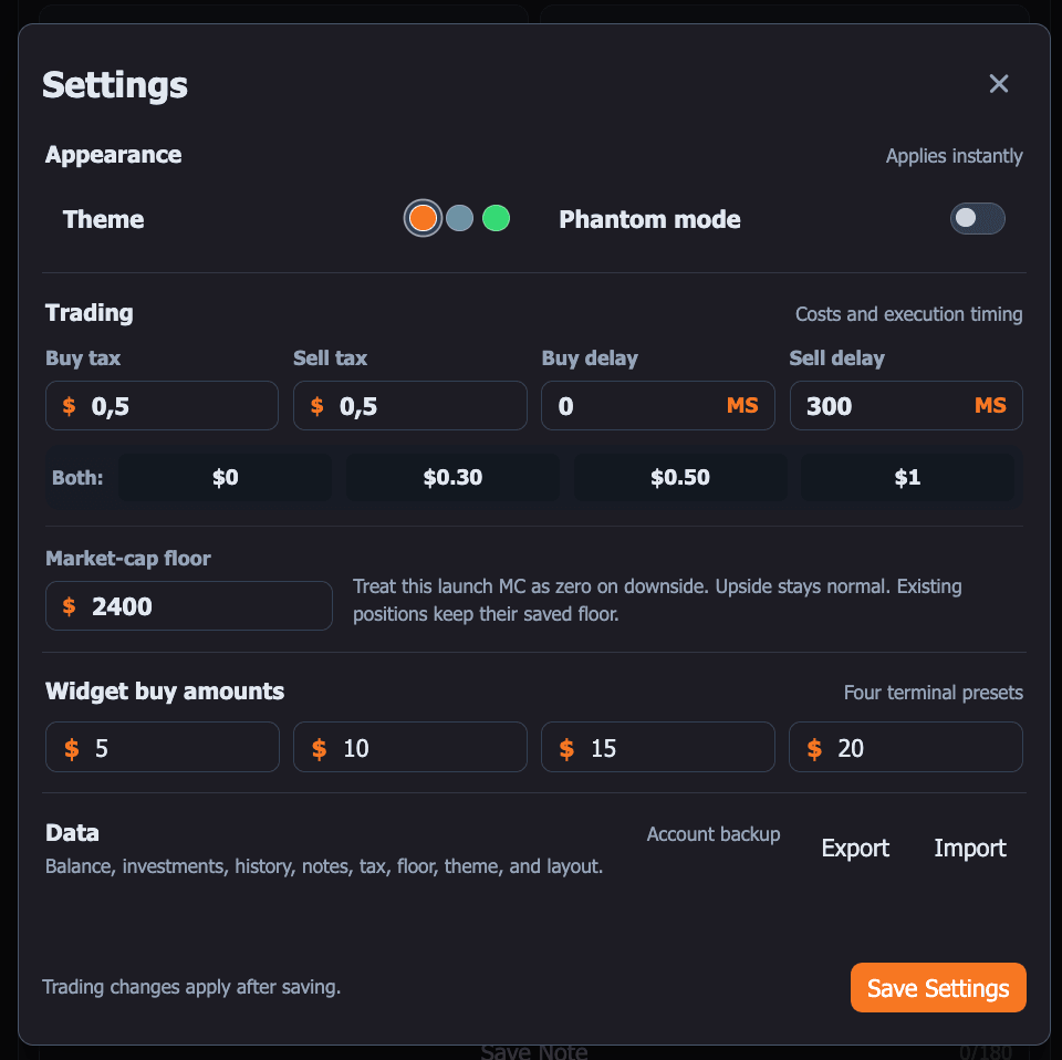 Updated papertra.de Settings showing themes, Phantom mode, buy and sell taxes, separate delays, market-cap floor, custom widget buys, and backup controls