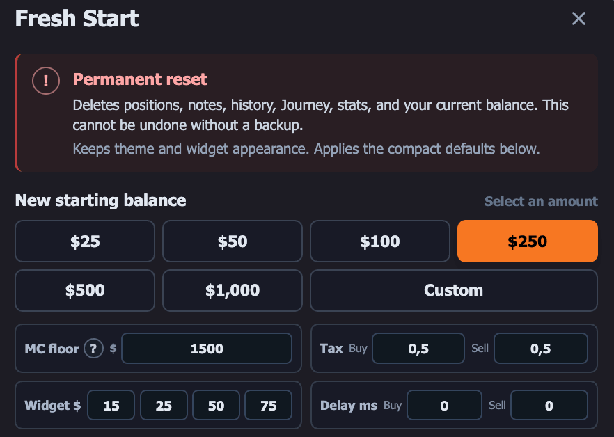papertra.de Fresh Start showing its permanent reset warning, starting balance presets, market-cap floor, taxes, widget buys, and execution delays