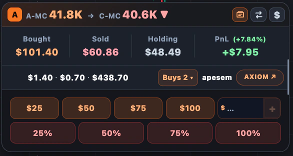 Updated compact papertra.de widget in USD mode with average and current market cap, dollar-valued position totals, buy presets, and percentage sells